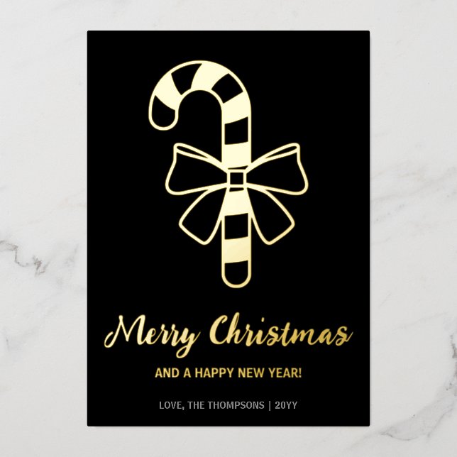 Minimalist Candy Cane With A Bow On Black Foil Holiday Card (Front)