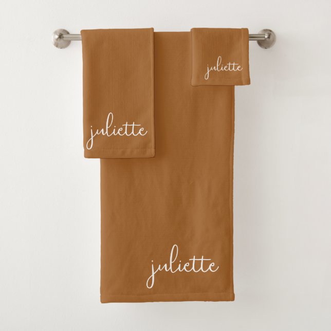 Minimalist Caramel Personalised Bath Towel Set (Insitu)