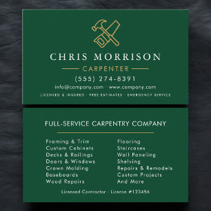 Minimalist Carpenter Green Gold Modern Business Card