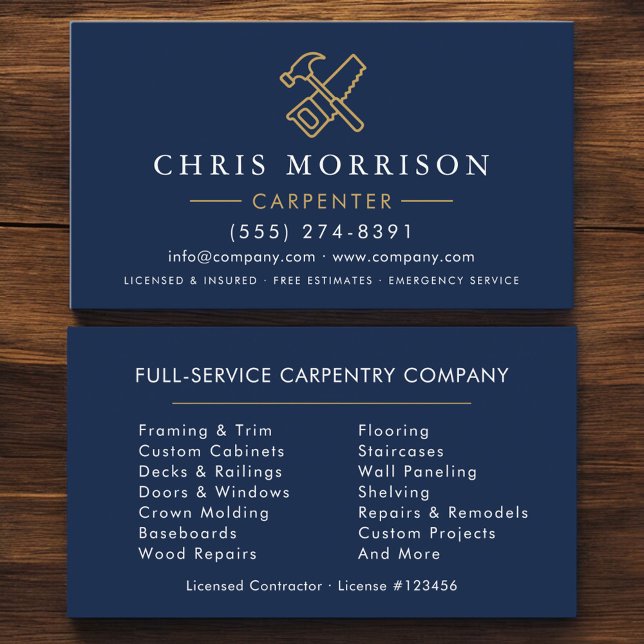 Minimalist Carpenter Navy Blue Gold Modern Business Card (Creator Uploaded)