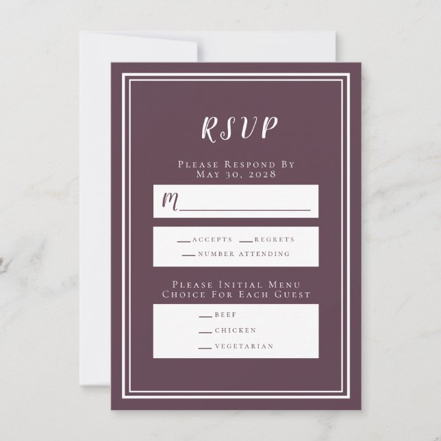 Minimalist Cassis Purple Wedding RSVP Menu Card (Front)