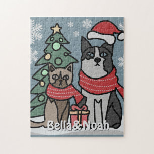 Minimalist Cat and Dog Holiday Get Together Jigsaw Puzzle