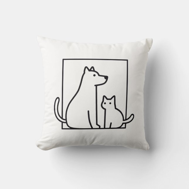 Minimalist Cat and Dog Line Art Throw Pillow (Front)