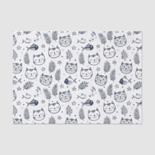 Minimalist Cat Face & Tropical Leaves Pattern Art Tissue Paper