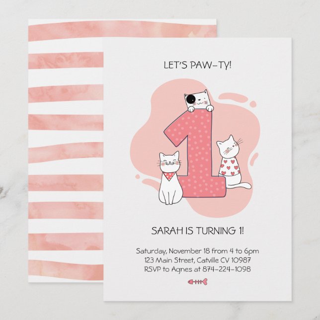 Minimalist Cat First Birthday Invite (Front/Back)