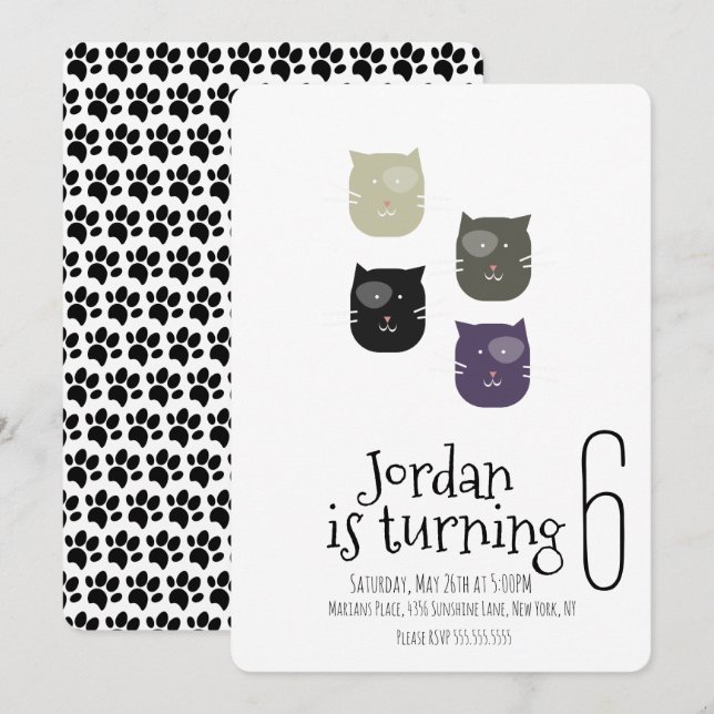 Minimalist Cat Kitten Pet Paws Birthday Party Invitation (Front/Back)