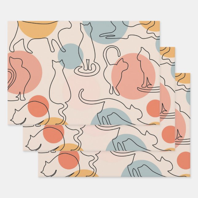 Minimalist Cat Line Art Pattern Wrapping Paper Sheet (Set)