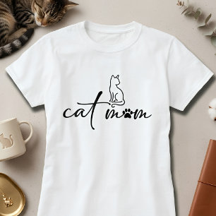 Minimalist Cat Mum Script with Paw Print T-Shirt