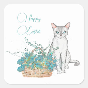 Minimalist Cat with Basket of Flowers Easter  Square Sticker