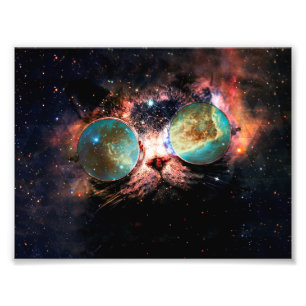 Minimalist cat with sunglasses in space photo print