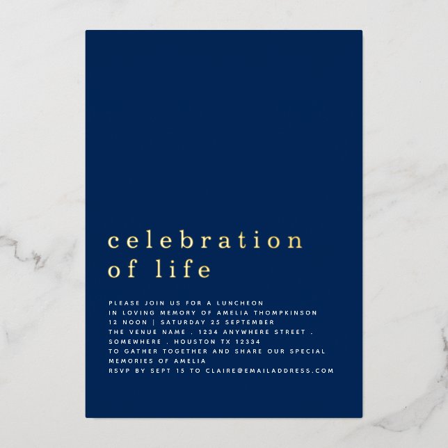 Minimalist Celebration Of Life Luncheon Navy Real (Front)