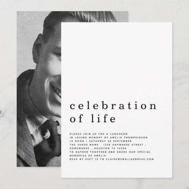 Minimalist Celebration of Life Luncheon Photo Invitation (Front/Back)