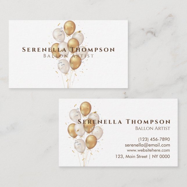 Minimalist Celebration Stylish Balloon Gold White  Business Card (Front/Back)