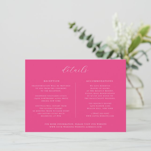 Minimalist Cerise Pink Wedding Details Card (Standing Front)