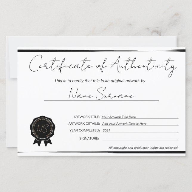 Minimalist  Certificate of Authenticity Artwork by (Front)