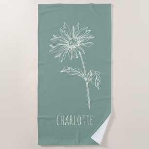 Minimalist Chamomile Flower Sage Green Name Beach Towel