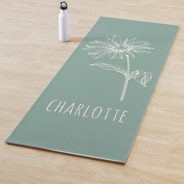 Minimalist Chamomile Flower Sage Green Name Yoga Mat (In Situ)