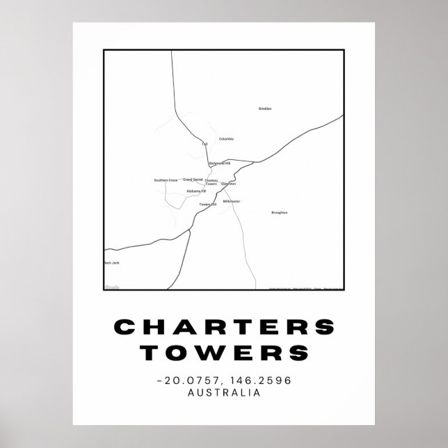 Minimalist Charters Towers Map with Coordinates Poster (Front)