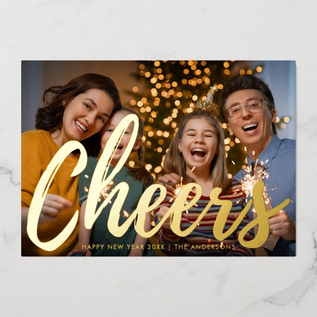 Minimalist Cheers New year Photo  Foil Holiday Card (Front)