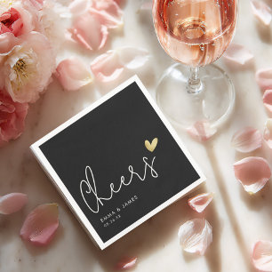 Minimalist “Cheers” Wedding Black Gold Heart Napkin