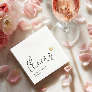 Minimalist “Cheers” Wedding Gold Heart Custom Name Napkin