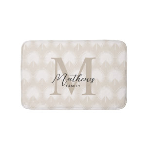 Minimalist Chic Beige Anahaw Leaf Script Monogram Bath Mat