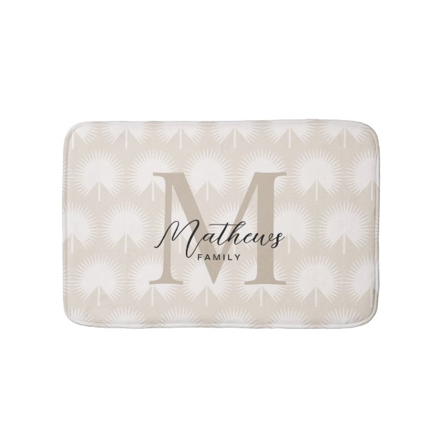 Minimalist Chic Beige Anahaw Leaf Script Monogram Bath Mat (Front)