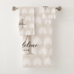 Minimalist Chic Beige Anahaw Leaf Script Monogram Bath Towel Set