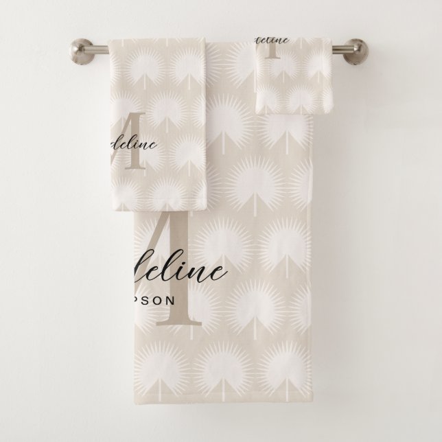 Minimalist Chic Beige Anahaw Leaf Script Monogram Bath Towel Set (Insitu)