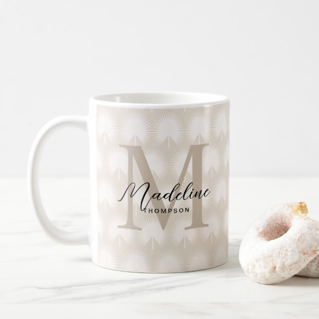 Minimalist Chic Beige Anahaw Leaf Script Monogram Coffee Mug (With Donut)