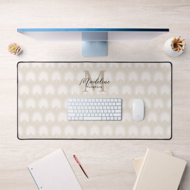 Minimalist Chic Beige Anahaw Leaf Script Monogram Desk Mat (Office 1)