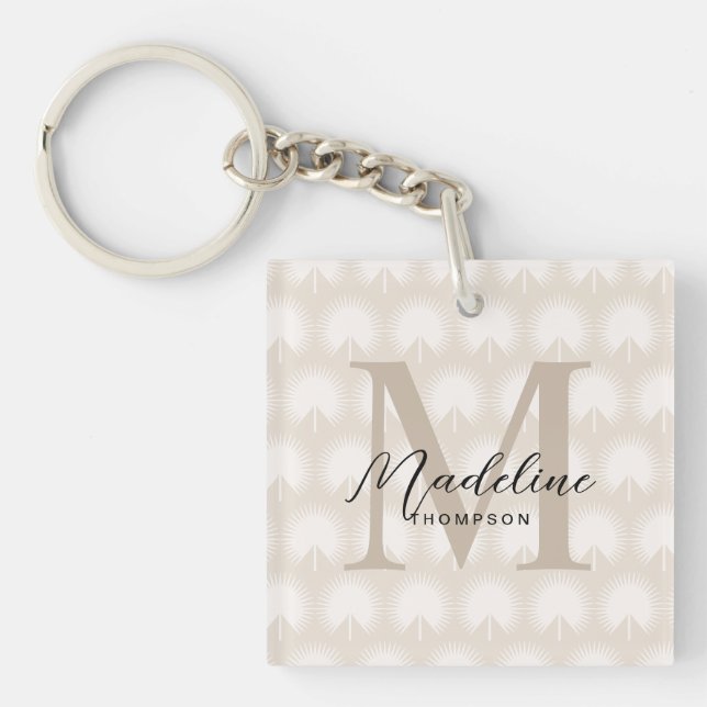 Minimalist Chic Beige Anahaw Leaf Script Monogram Key Ring (Front)