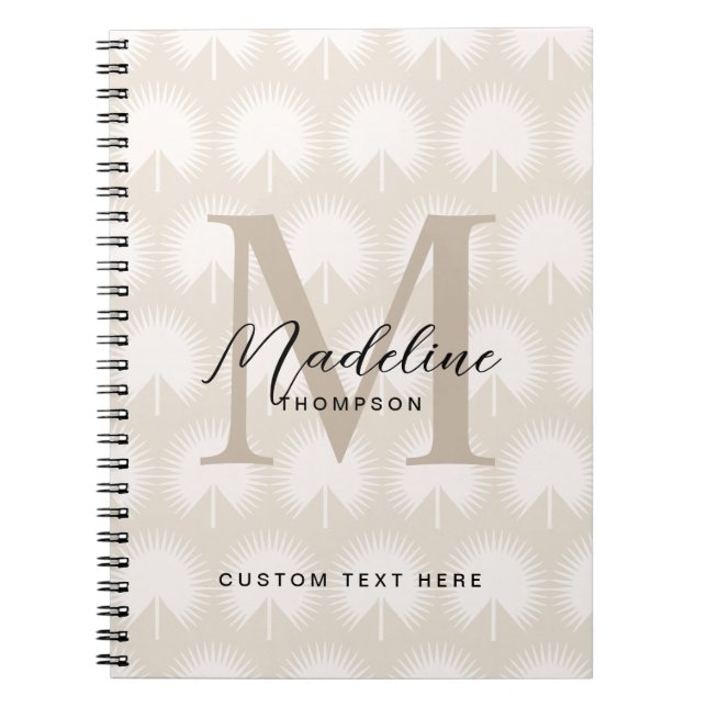 Minimalist Chic Beige Anahaw Leaf Script Monogram Notebook (Front)