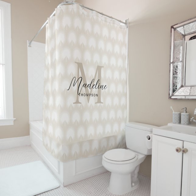 Minimalist Chic Beige Anahaw Leaf Script Monogram Shower Curtain (In Situ)