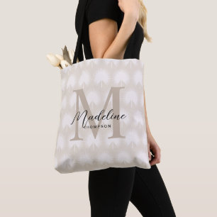 Minimalist Chic Beige Anahaw Leaf Script Monogram Tote Bag