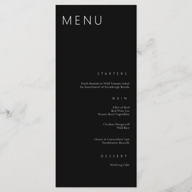 Minimalist Chic Black and White Modern Wedding Menu (Front)