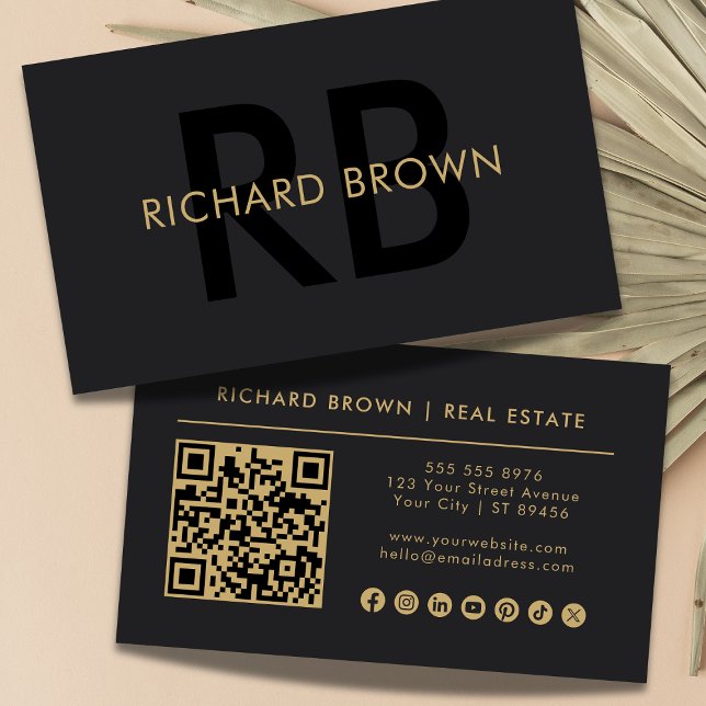 Minimalist Chic Black Gold Monogram QR Business Card (Creator Uploaded)