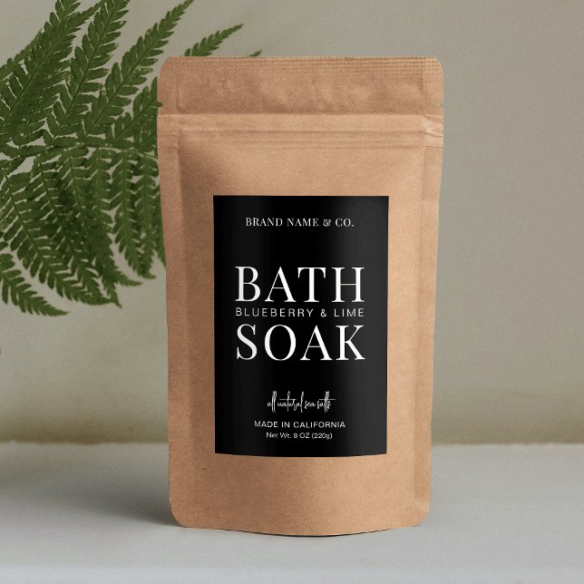 Minimalist Chic Black Waterproof Bath Salts Label (Vertical waterproof product label featuring black and white minimalist design)