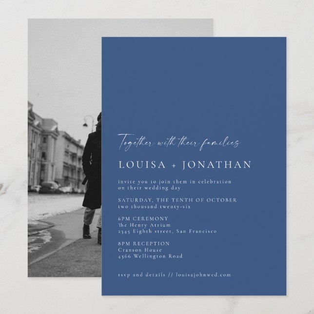 Minimalist Chic Blue White Script Photo Wedding Invitation (Front/Back)