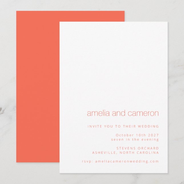Minimalist Chic Coral Orange Modern Wedding RSVP Invitation (Front/Back)