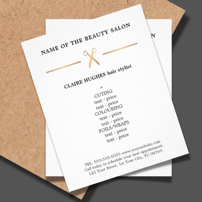 Minimalist Chic Faux Gold Scissor Hairstylist Menu (Creator Uploaded)
