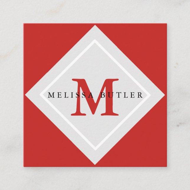 Minimalist Chic grey and red Modern Monogram Square Business Card (Front)