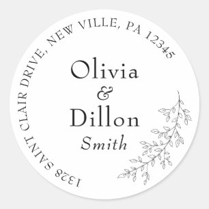 Minimalist Chic Leaf Branch Black Script Wedding Classic Round Sticker