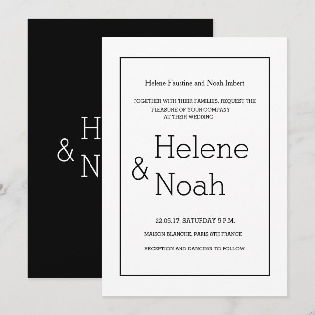 Minimalist chic modern black white simple wedding invitation (Front/Back)
