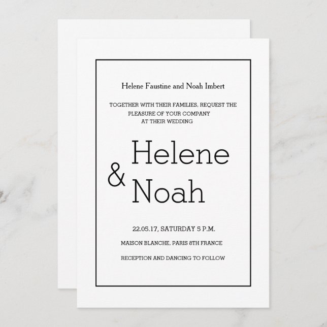 Minimalist chic modern black white simple wedding invitation (Front/Back)
