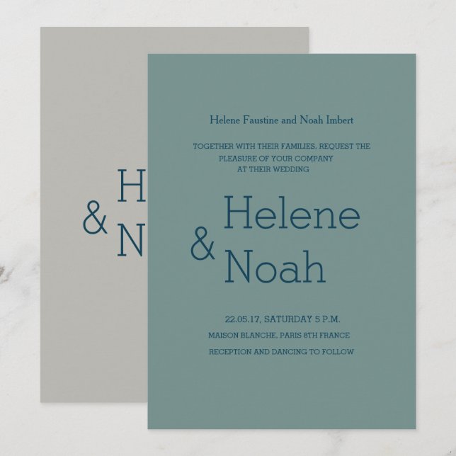 Minimalist chic modern blue grey green wedding invitation (Front/Back)