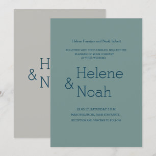 Minimalist chic modern blue grey green wedding invitation