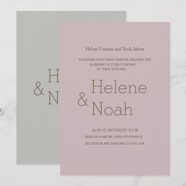 Minimalist chic modern blush grey simple wedding invitation (Front/Back)