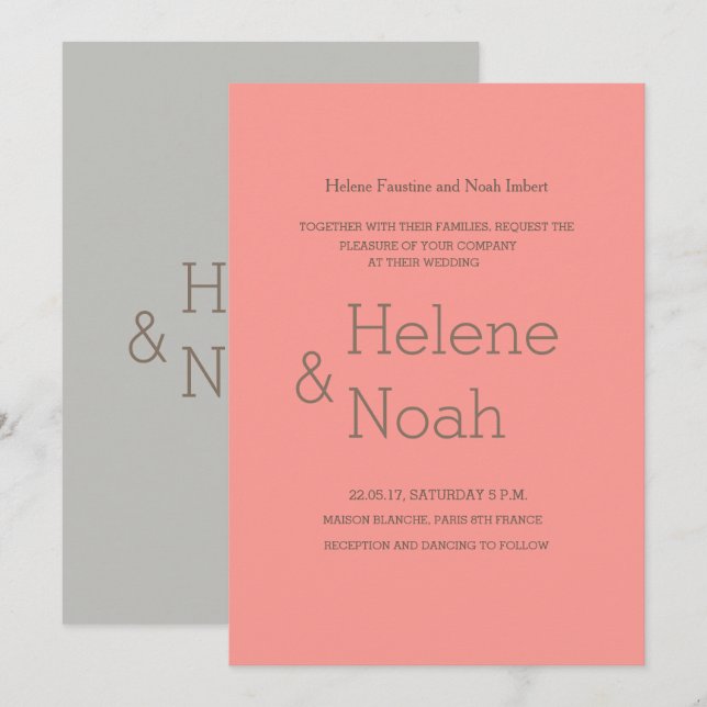 Minimalist chic modern coral grey simple wedding invitation (Front/Back)