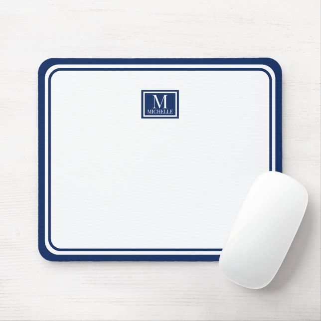 Minimalist Chic Navy Blue Monogram Double Boarder Mouse Mat (With Mouse)